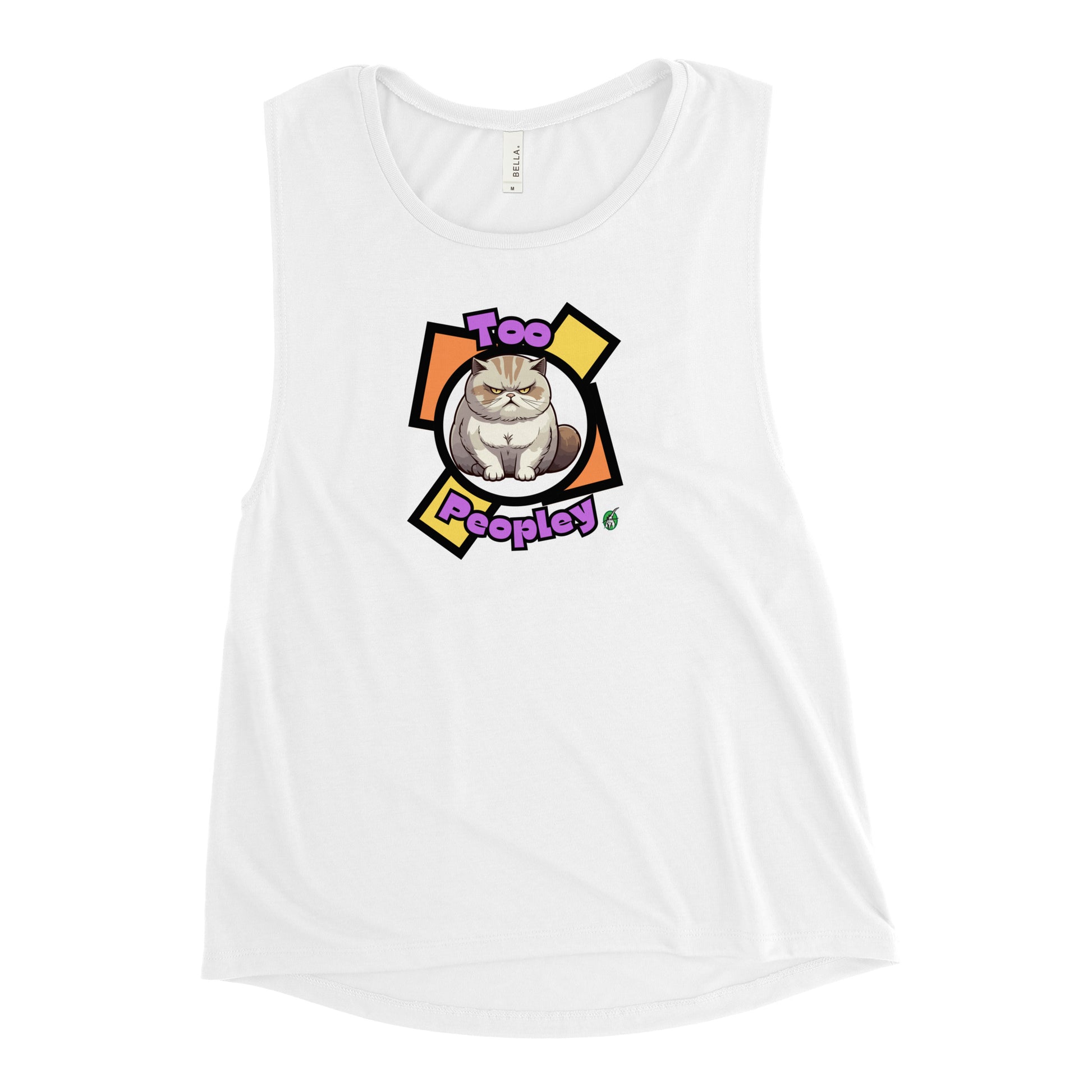 Women's white tank top by Wizard Prints with a printed graphic of a grumpy cat with the words, 'Too Peopley'