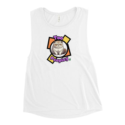Women's white tank top by Wizard Prints with a printed graphic of a grumpy cat with the words, 'Too Peopley'