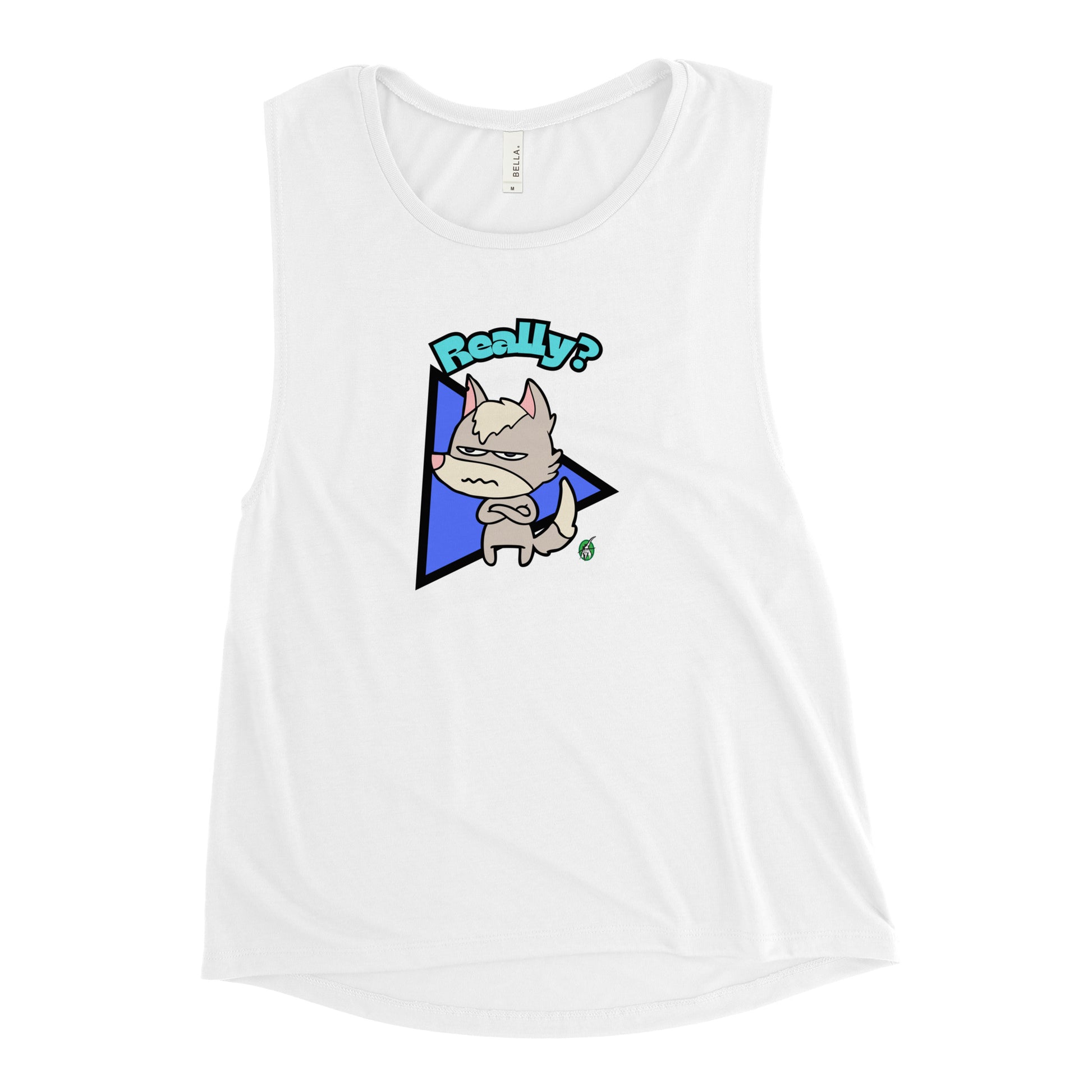 Women's white tank top by Wizard Prints with a printed graphic of a grumpy fox with the word, 'Really?'