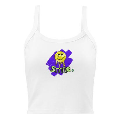 Women's white tank top by Wizard Prints with the printed graphic of a melting smiley face and the word, Smile.