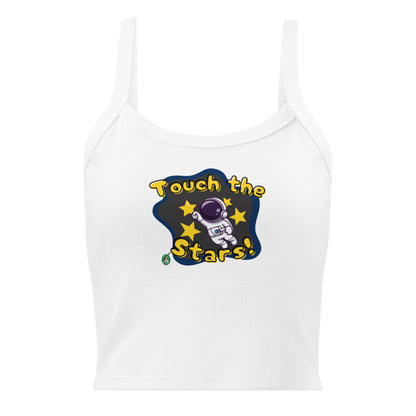 Women's white tank top by Wizard Prints with the printed graphic of a cartoon astronaut and the words, 'Touch the Stars'. 