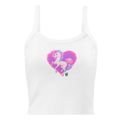 Women's white tank top by Wizard Prints with the printed graphic of a pink unicorn on a purple heart background.