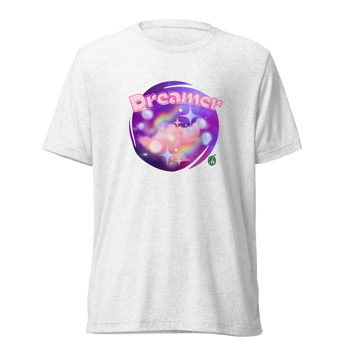 Women's ash tee shirt with a printed graphic of a galaxy background and the word Dreamer on top. Designed by Wizard Prints