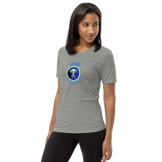A woman standing wearing a grey tee shirt with a printed graphic of a blue alien and the words No Sign of Intelligent Life. Designed by Wizard Prints
