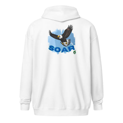 Women's white inspirational Zip-Through Hoodie with an eagle soaring graphic on the back by Wizard Prints