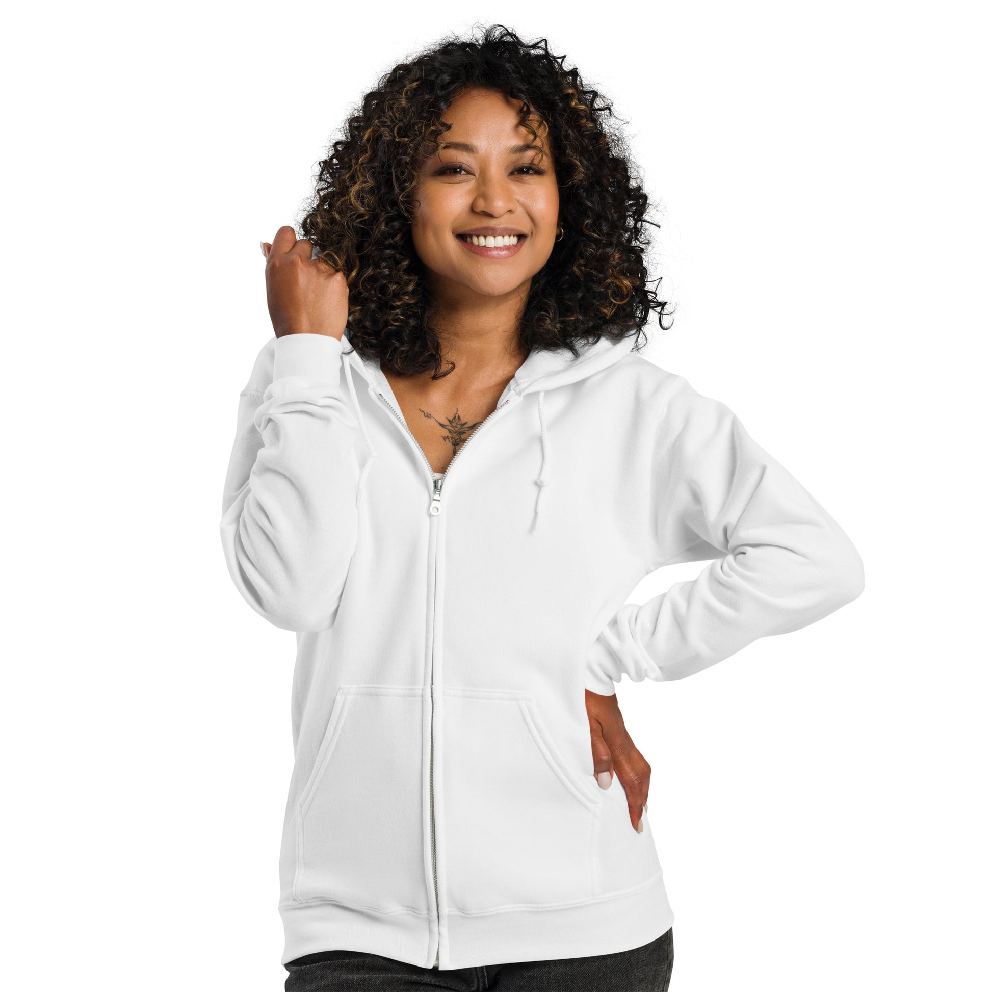 A lady standing wearing a white zip through hoodie by Wizard Prints Shop  