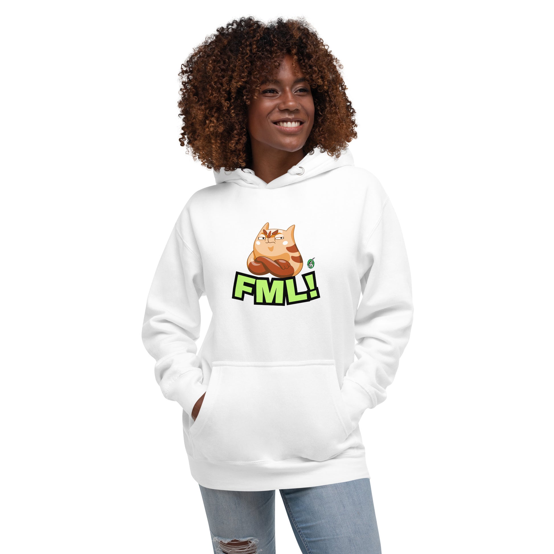 A woman standing wearing a white hoodie with a printed graphic of a cat with the words, 'FML!'. Designed by Wizard Prints