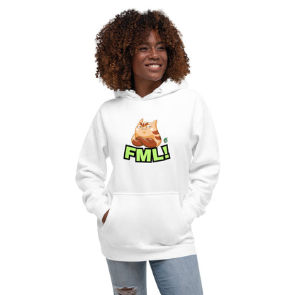 A woman standing wearing a white hoodie with a printed graphic of a cat with the words, 'FML!'. Designed by Wizard Prints