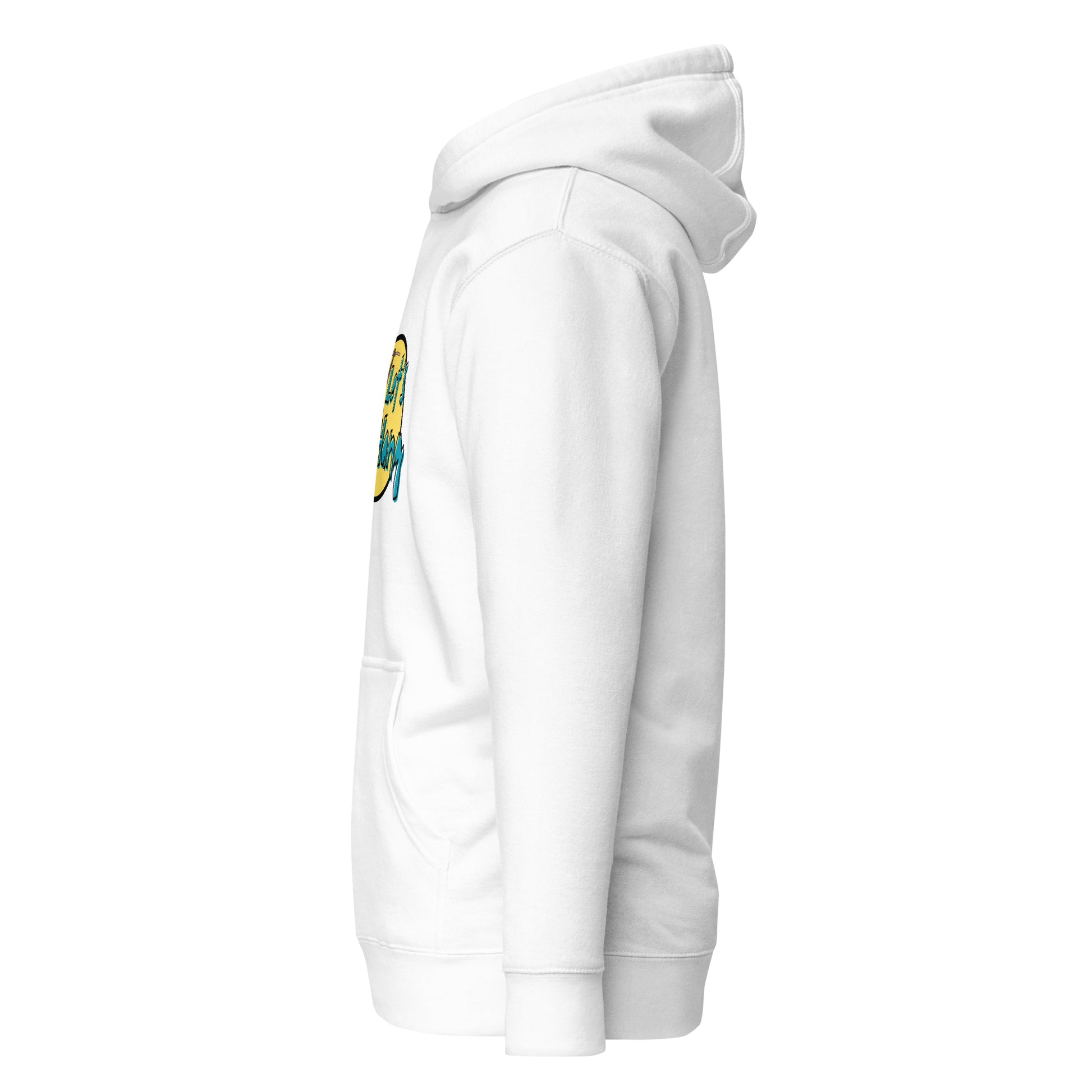 Side view of a women's white hoodie by Wizard Prints Shop