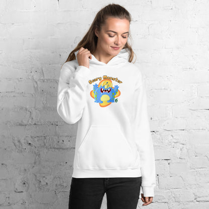 A woman standing wearing a white hoodie with a printed graphic of a cartoon monster and the words, Scary Monster. Designed by Wizard Prints.