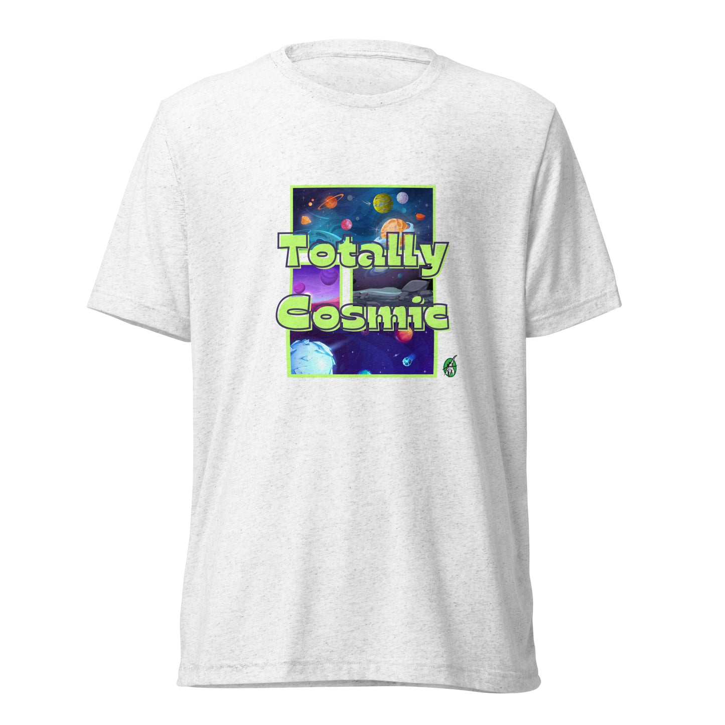 Women's white t-shirt by Wizard Prints featuring a printed graphic of colorful planets in the background with the words “Totally Cosmic” on top.