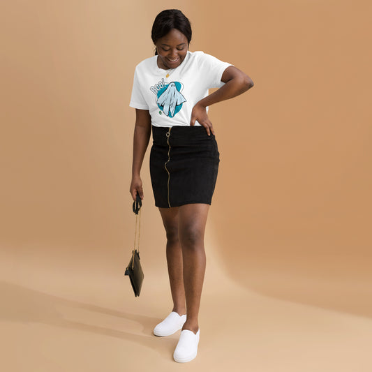 A woman standing wearing a Wizard Prints Halloween tee shirt in white with a printed graphic on the front of a ghost saying Boo!