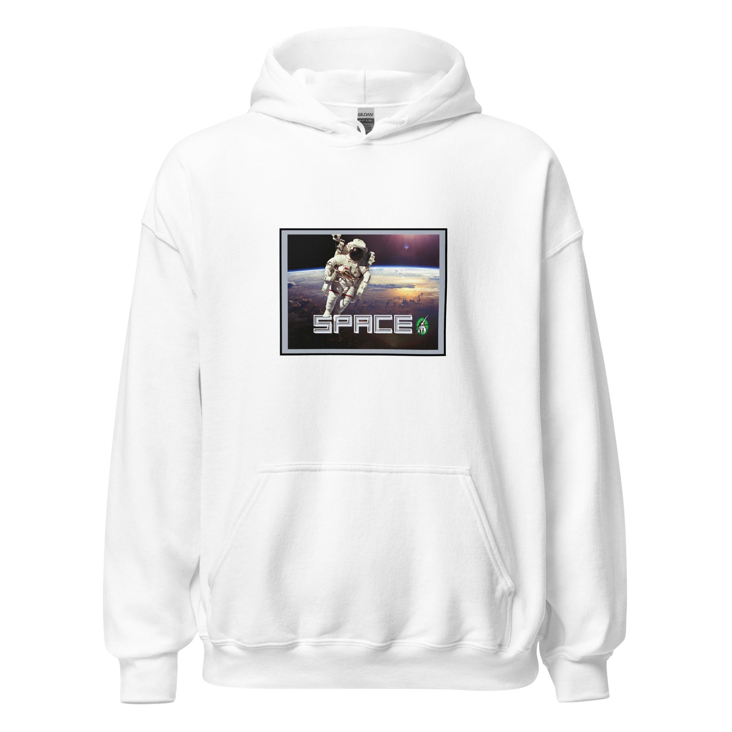 Women's white hoodie with the printed graphic of a real astronaut in space and the word, Space, by Wizard Prints.