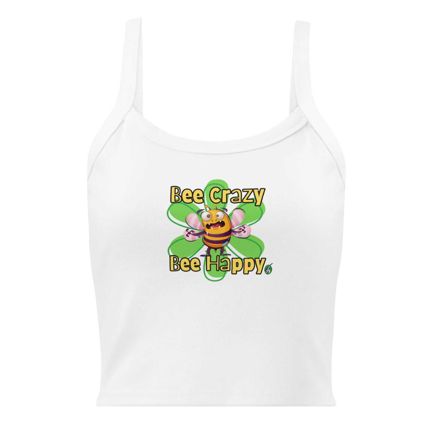 Women's white tank top by Wizard Prints with a printed graphic of a screaming bee with the words, Bee Crazy Bee Happy.