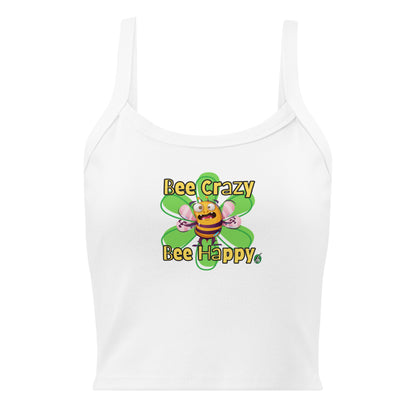 Women's white tank top by Wizard Prints with a printed graphic of a screaming bee with the words, Bee Crazy Bee Happy.