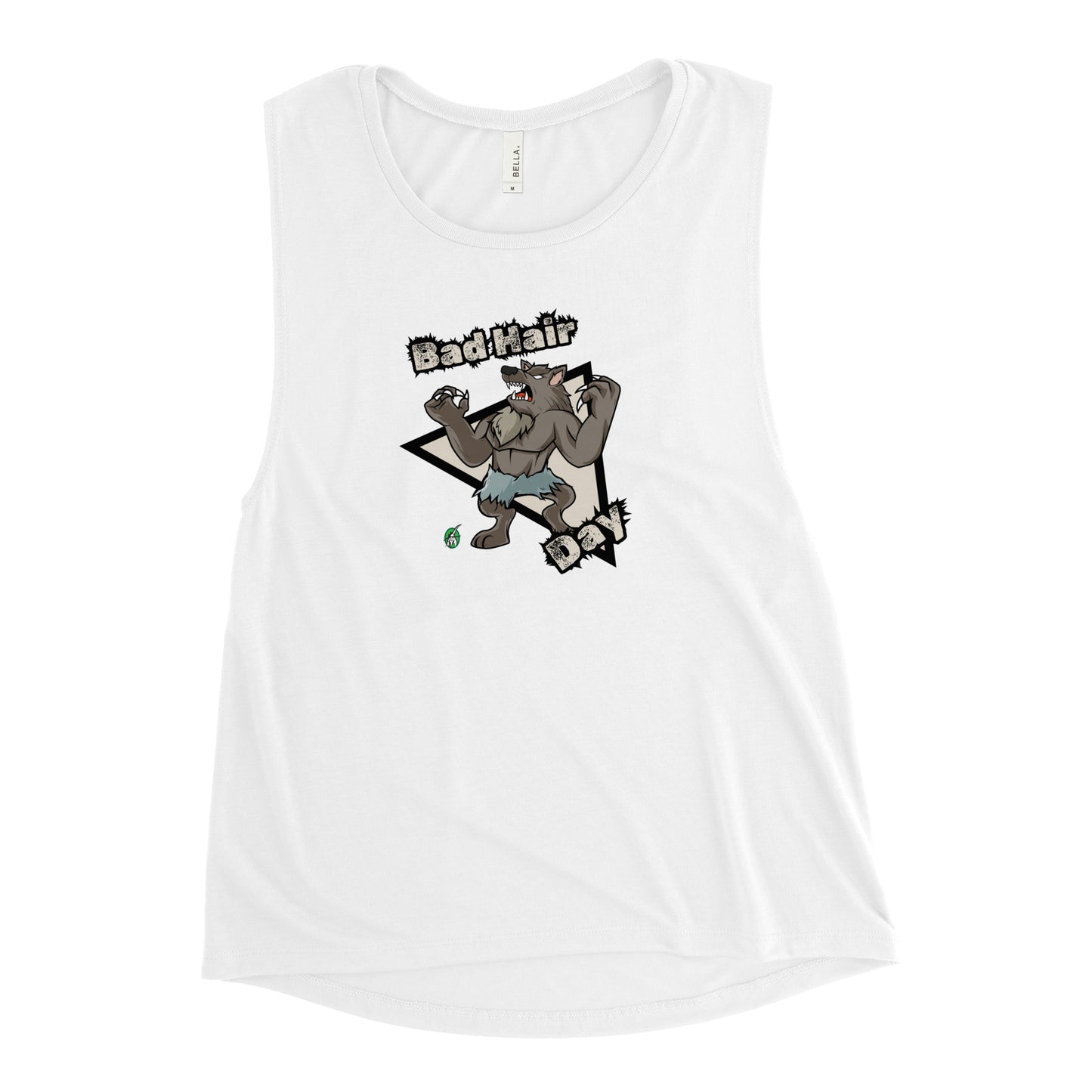 Women's white tank top by Wizard Prints with a printed graphic of a werewolf with the words, Bad Hair Day.
