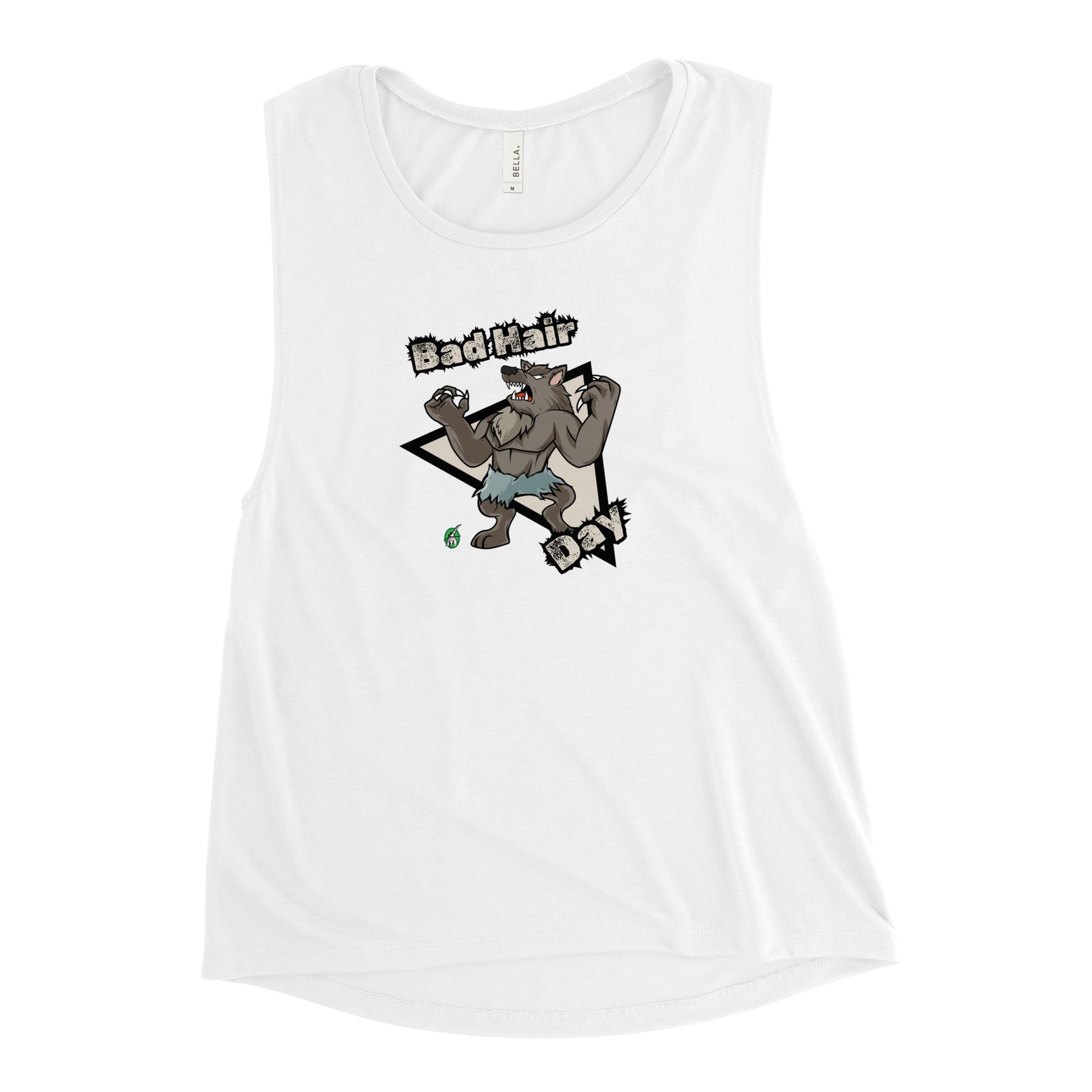 Women's white tank top by Wizard Prints with a printed graphic of a werewolf with the words, Bad Hair Day.