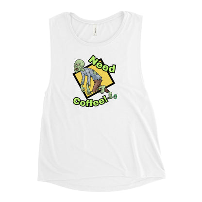 Women's white tank top by Wizard Prints with a printed graphic of a zombie and the words, Need Coffee!