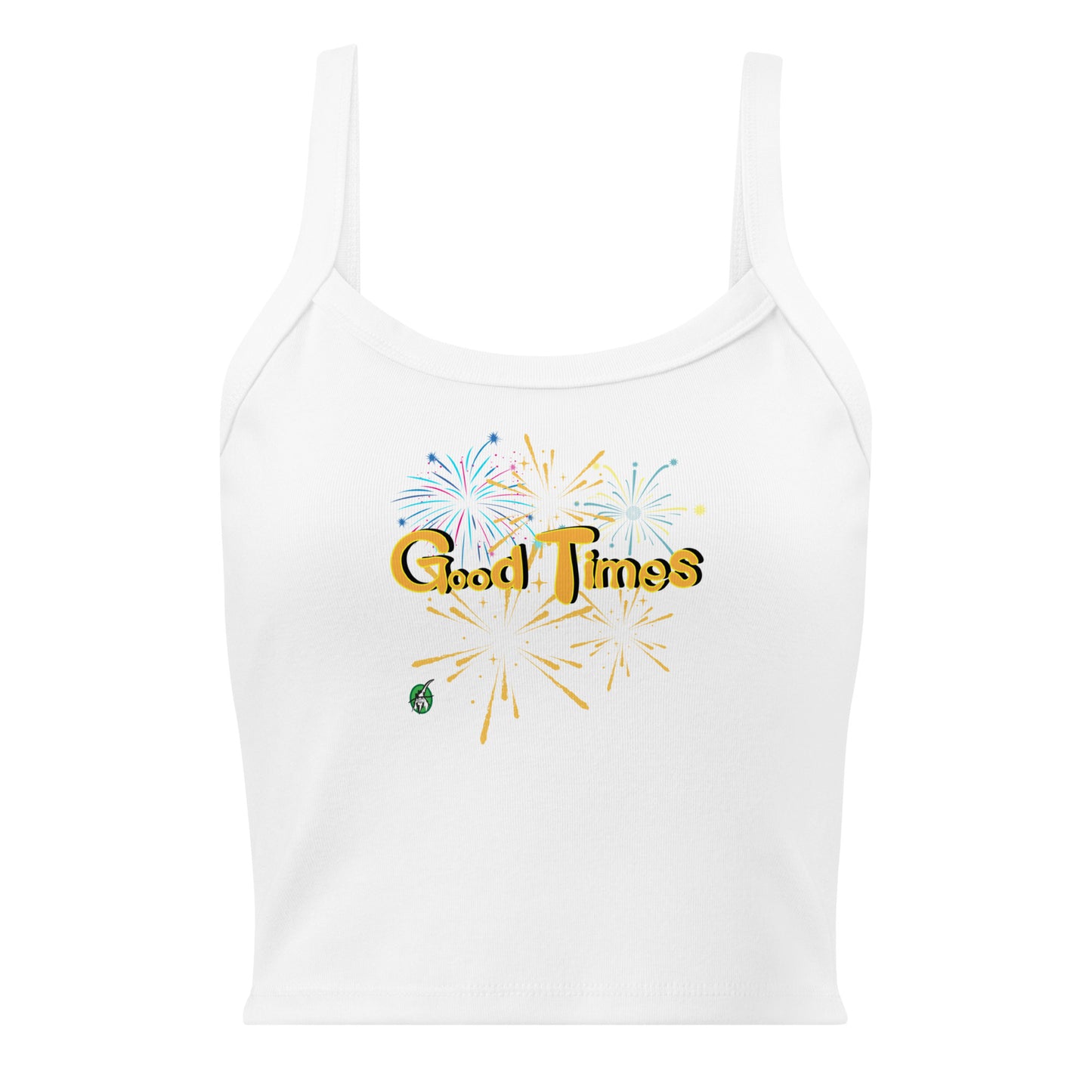 Women's white tank top by Wizard Prints with a printed graphic of fireworks with the words, 'Good Times'.