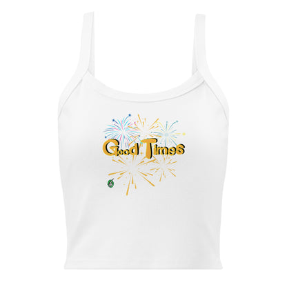 Women's white tank top by Wizard Prints with a printed graphic of fireworks with the words, 'Good Times'.