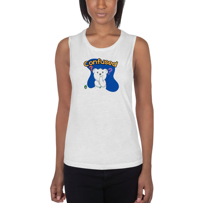 A woman standing wearing a white tank top by Wizard Prints with a printed graphic of a puzzled teddy bear with the word, Confused.