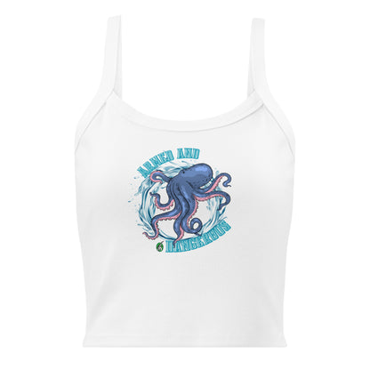 Women's white tank top by Wizard Prints with a printed graphic of a blue octopus and the words, Armed and dangerous.