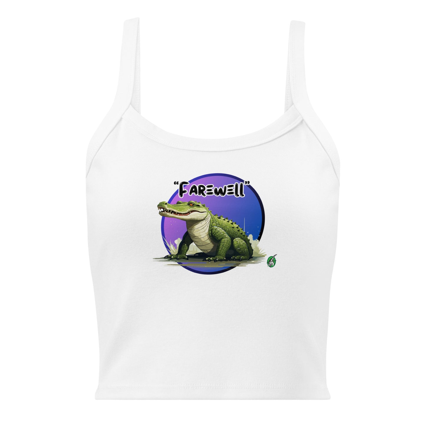 Women's white tank top by Wizard Prints with a printed graphic of a crocodile and the word, Farewell. 