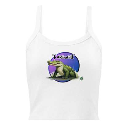 Women's white tank top by Wizard Prints with a printed graphic of a crocodile and the word, Farewell. 