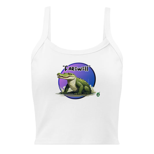 Women's white tank top by Wizard Prints with a printed graphic of a crocodile and the word, Farewell. 