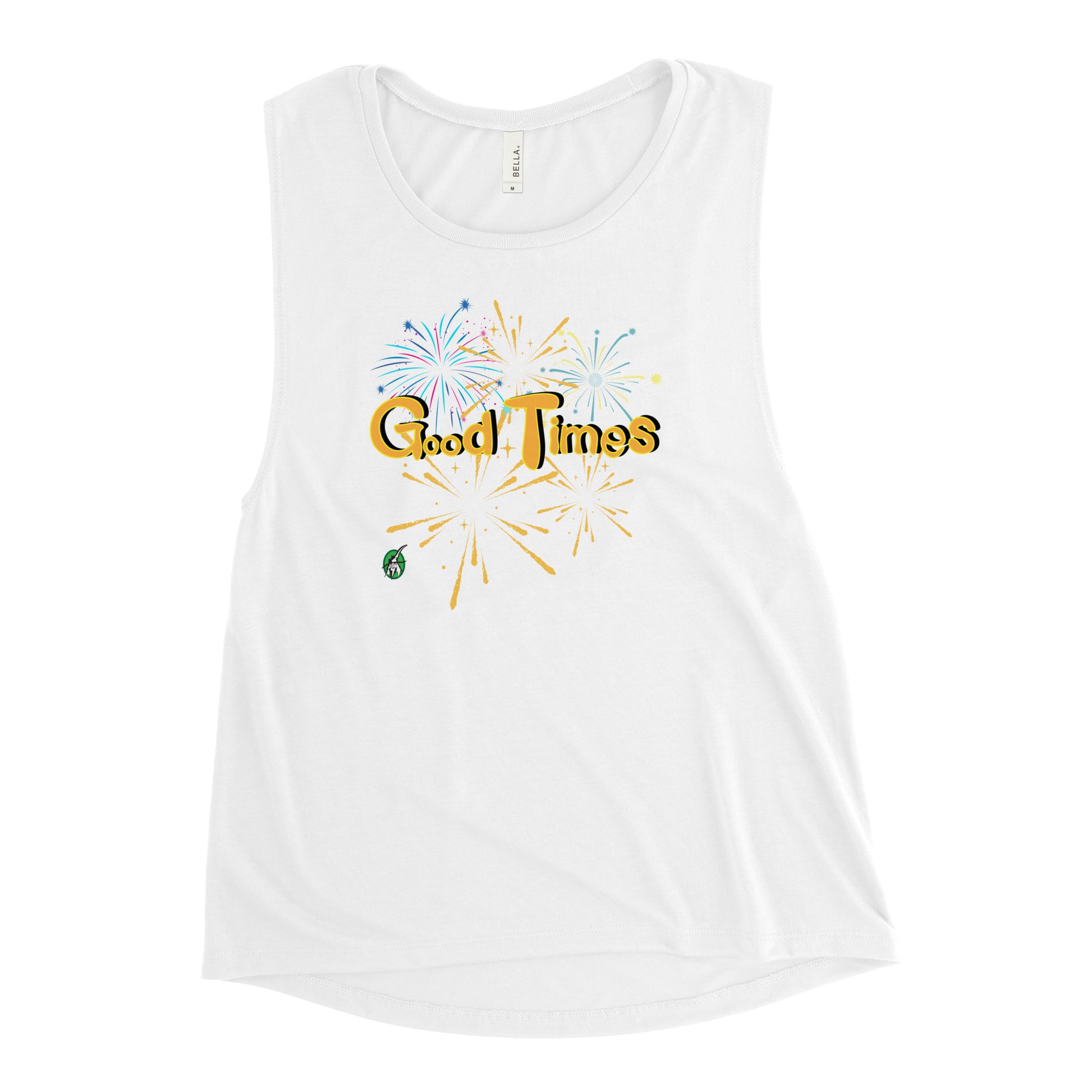 Women's white tank top by Wizard Prints with a printed graphic of fireworks with the words, 'Good Times'.