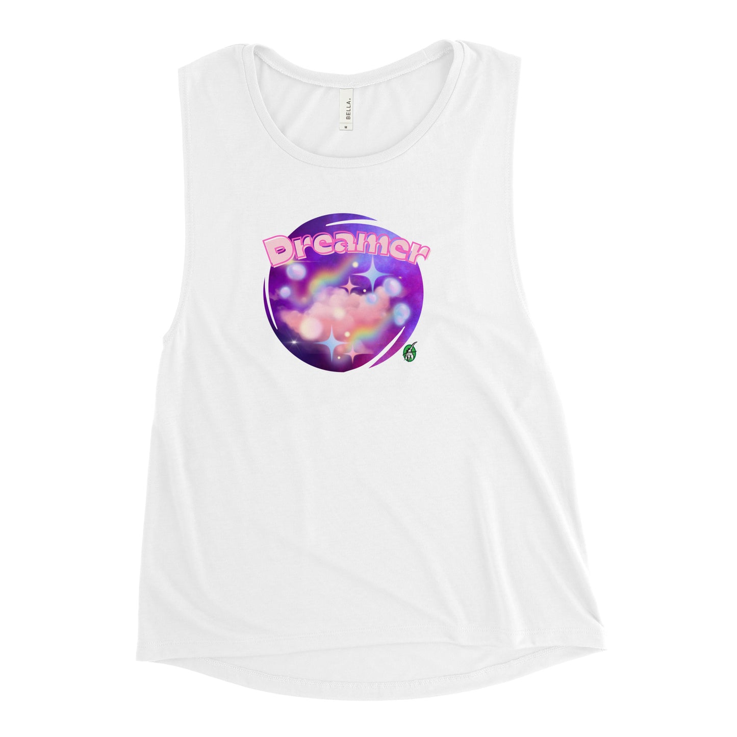 Women's white tank top by Wizard Prints with a printed graphic of a galaxy background and the word Dreamer on top.