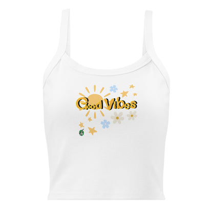 Women's white tank top by Wizard Prints with a printed graphic of the sun, stars, flowers and the words, 'Good Vibes'.