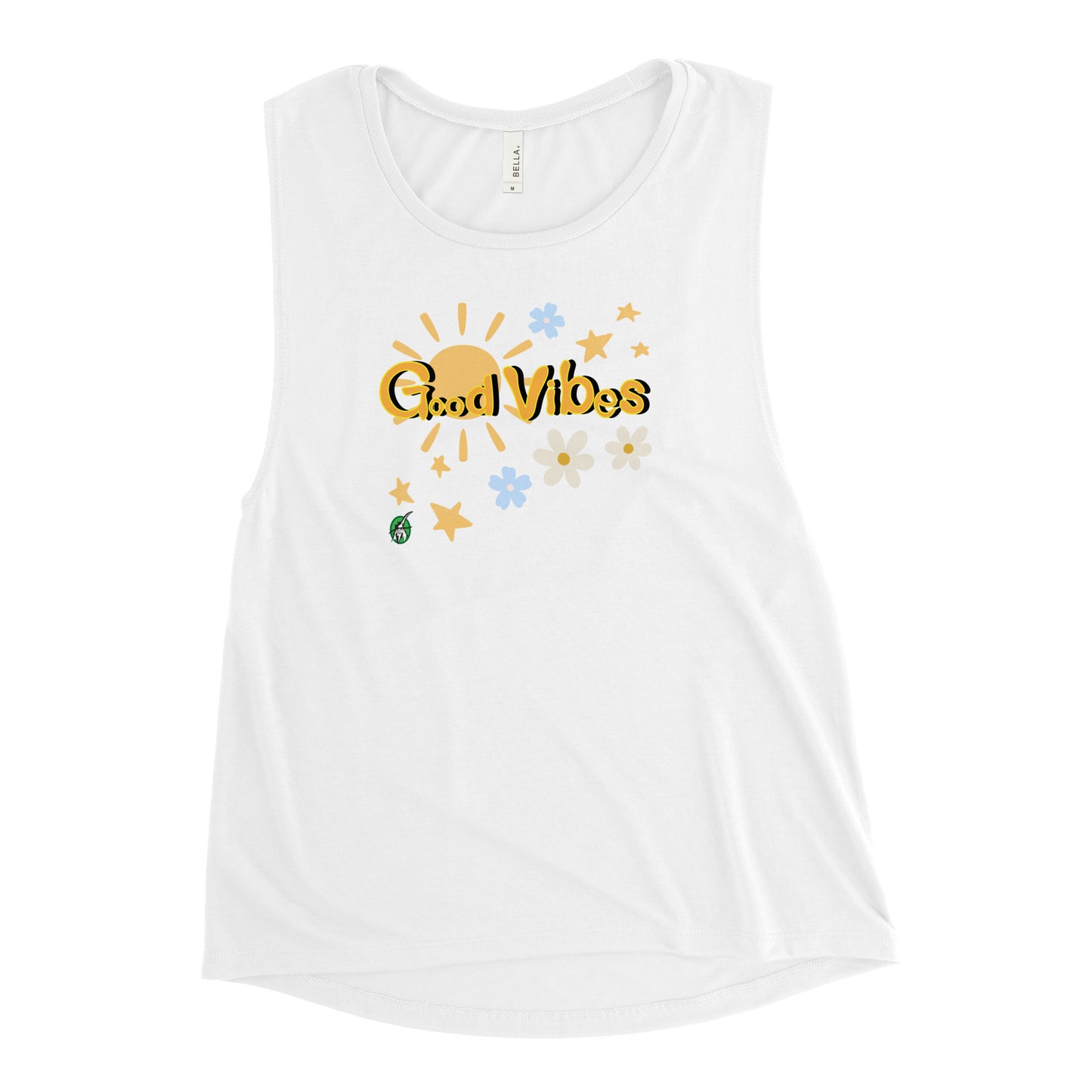Women's white tank top by Wizard Prints with a printed graphic of a the sun, flowers and the stars with the words, 'Good Vibes'.