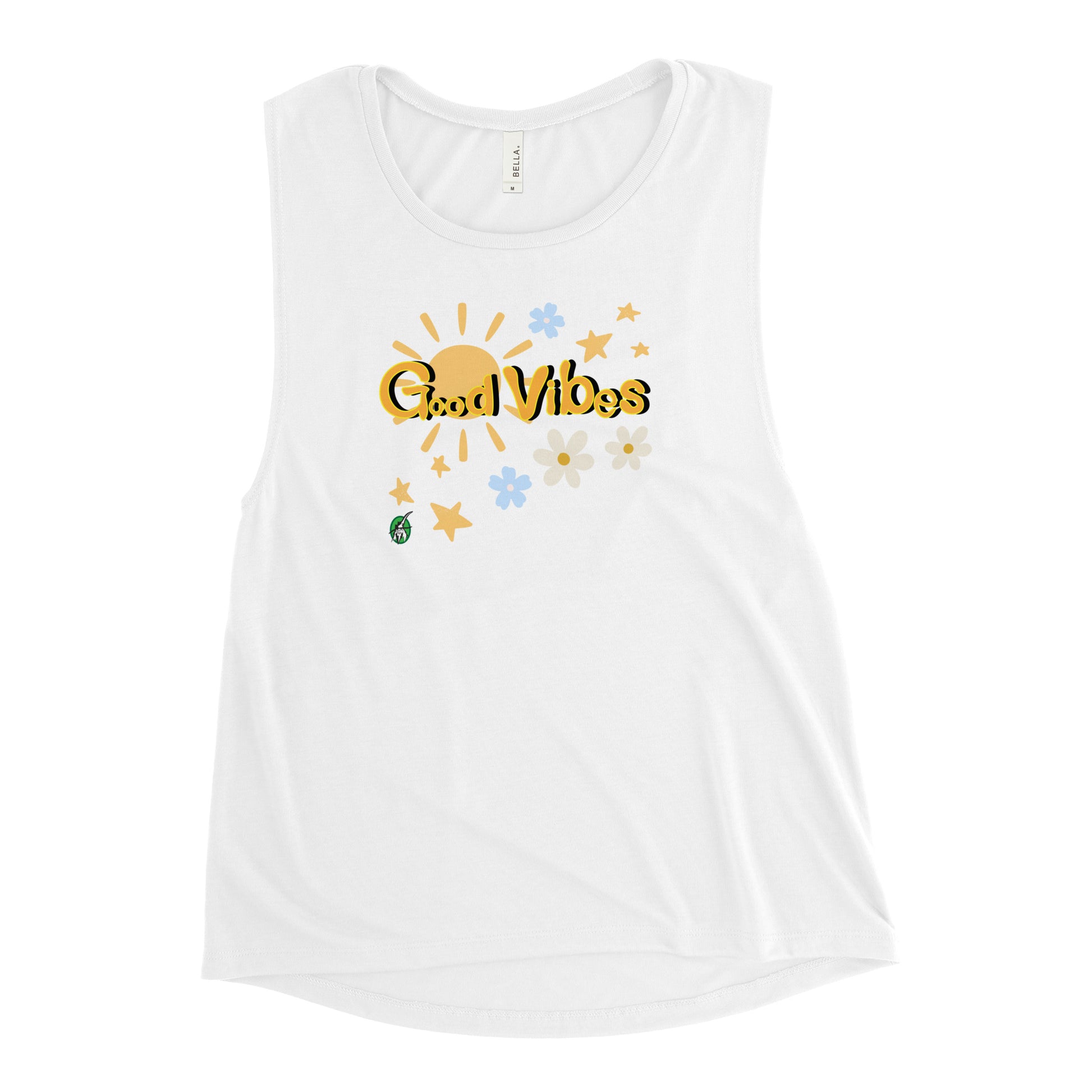Women's white tank top by Wizard Prints with a printed graphic of a the sun, flowers and the stars with the words, 'Good Vibes'.