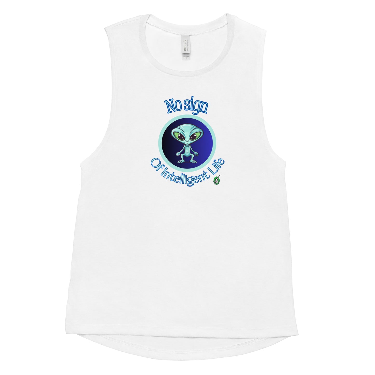 Women's white tank top by Wizard Prints with a printed graphic of a blue alien and the words, No Sign of Intelligent Life.