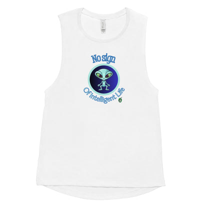 Women's white tank top by Wizard Prints with a printed graphic of a blue alien and the words, No Sign of Intelligent Life.