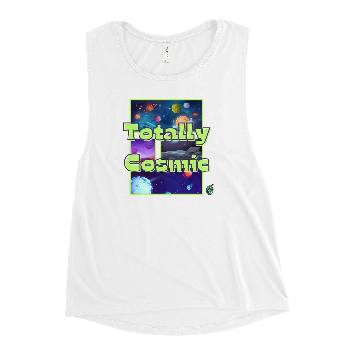 Women's white tank top by Wizard Prints with a printed graphic of colorful planets in the background with the words “Totally Cosmic” on top.