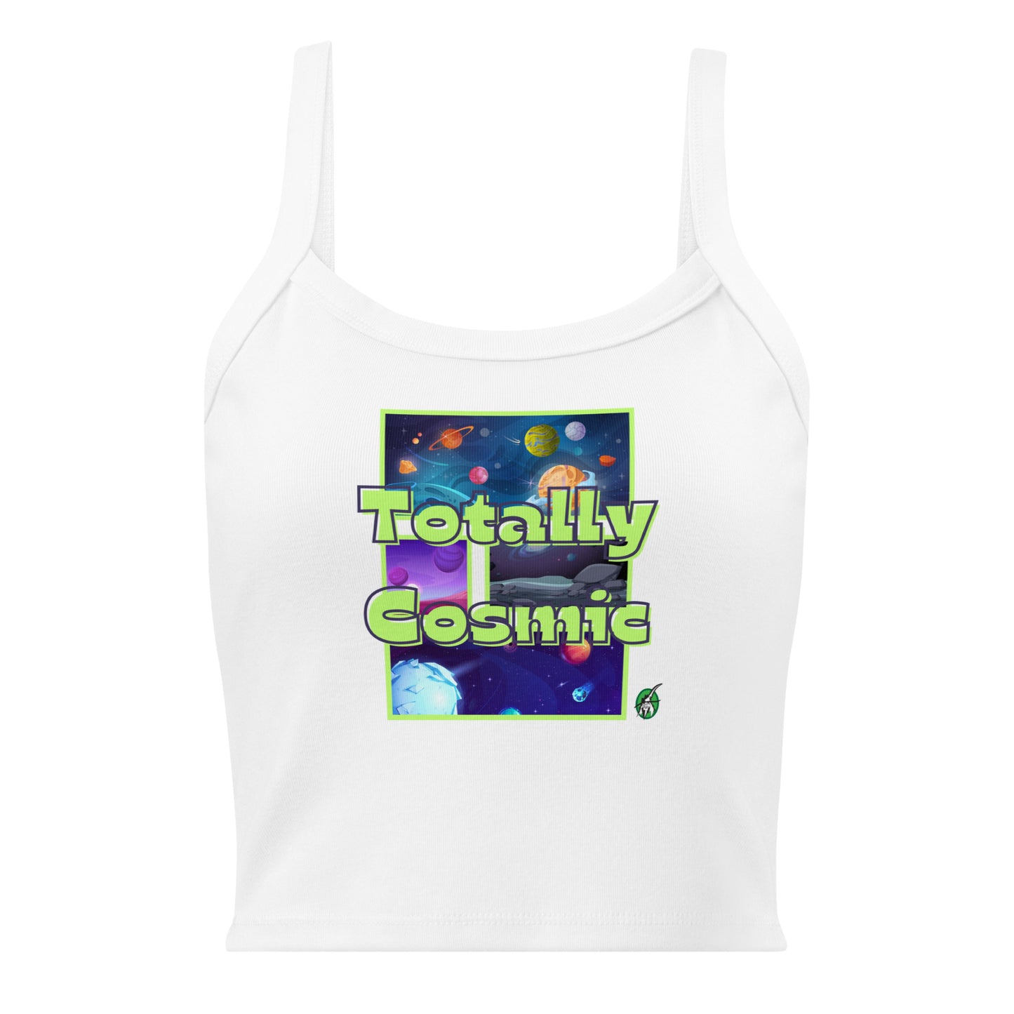 Women's white tank top by Wizard Prints with the printed graphic of colorful planets in the background with the words “Totally Cosmic” on top.