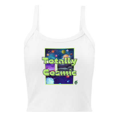 Women's white tank top by Wizard Prints with the printed graphic of colorful planets in the background with the words “Totally Cosmic” on top.