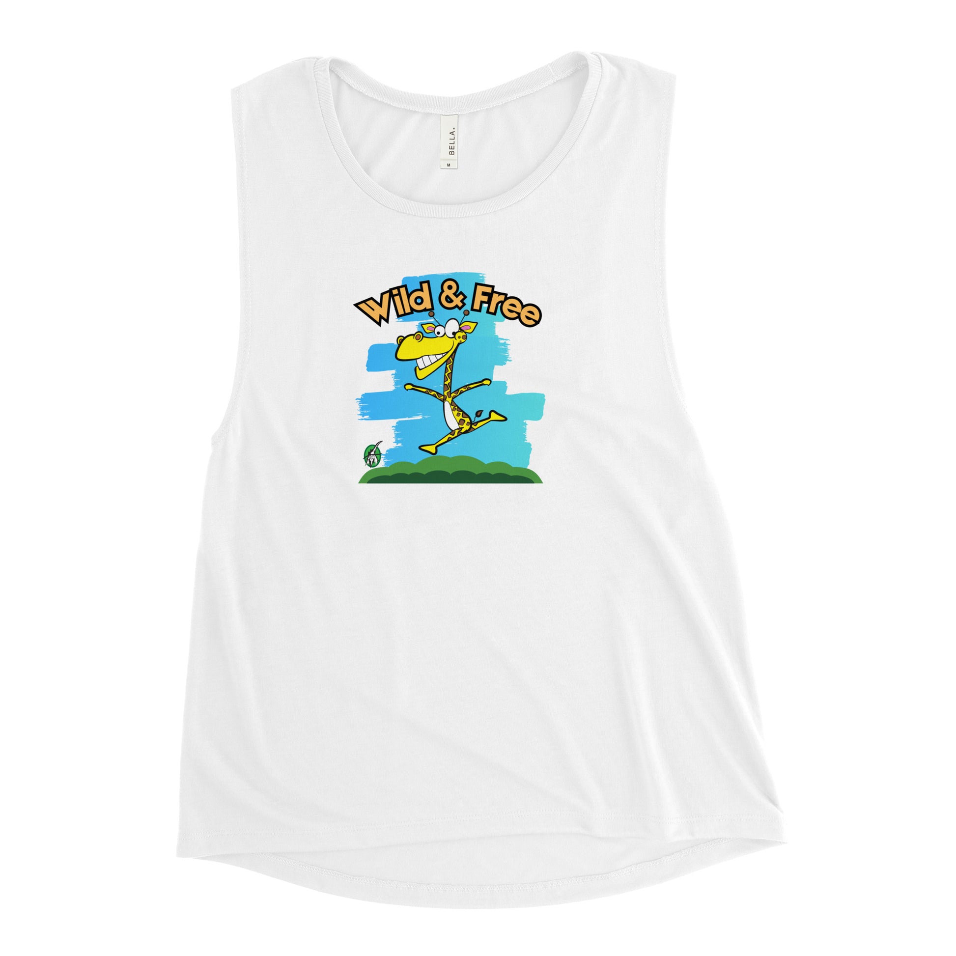 Women's white tank top by Wizard Prints with a printed graphic of a happy running giraffe with the words, Wild & Free.  