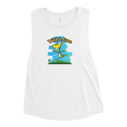 Women's white tank top by Wizard Prints with a printed graphic of a happy running giraffe with the words, Wild & Free.  