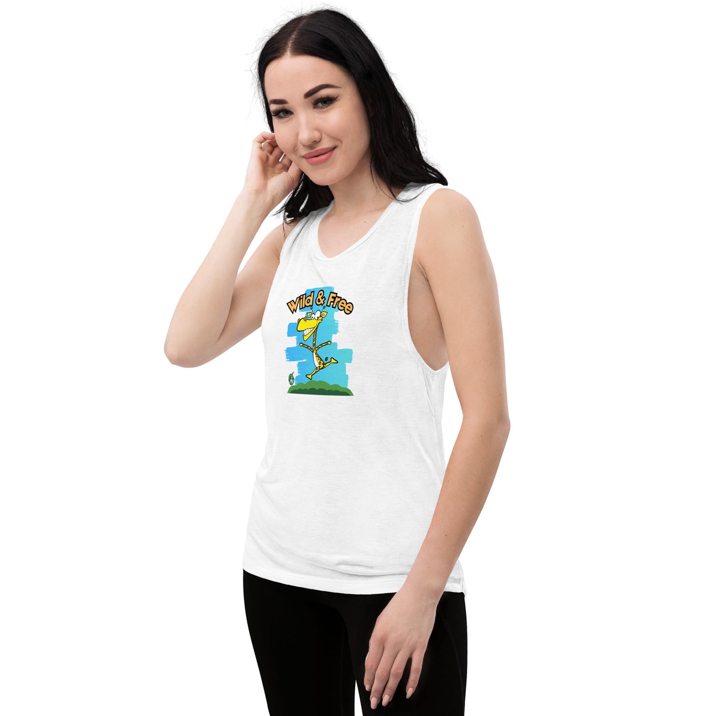 A woman standing wearing a white tank top by Wizard Prints with a printed graphic of a happy running giraffe with the words, Wild & Free.  