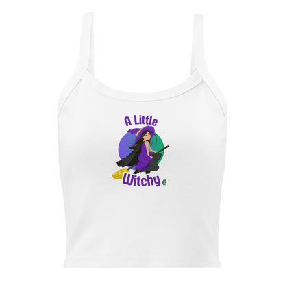 Women's white tank top by Wizard Prints with a printed graphic of a witch riding a flying broom, with the text, A Little Witchy.