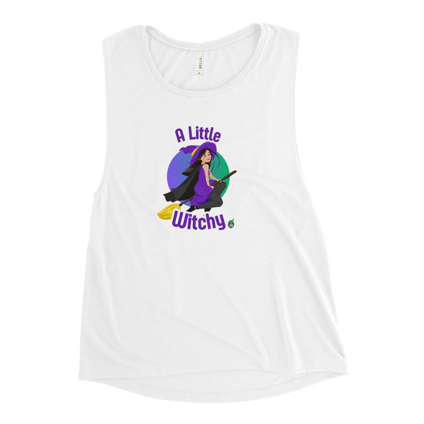 Women's white tank top by Wizard Prints with a printed graphic of a witch riding a flying broom, with the text, A Little Witchy.