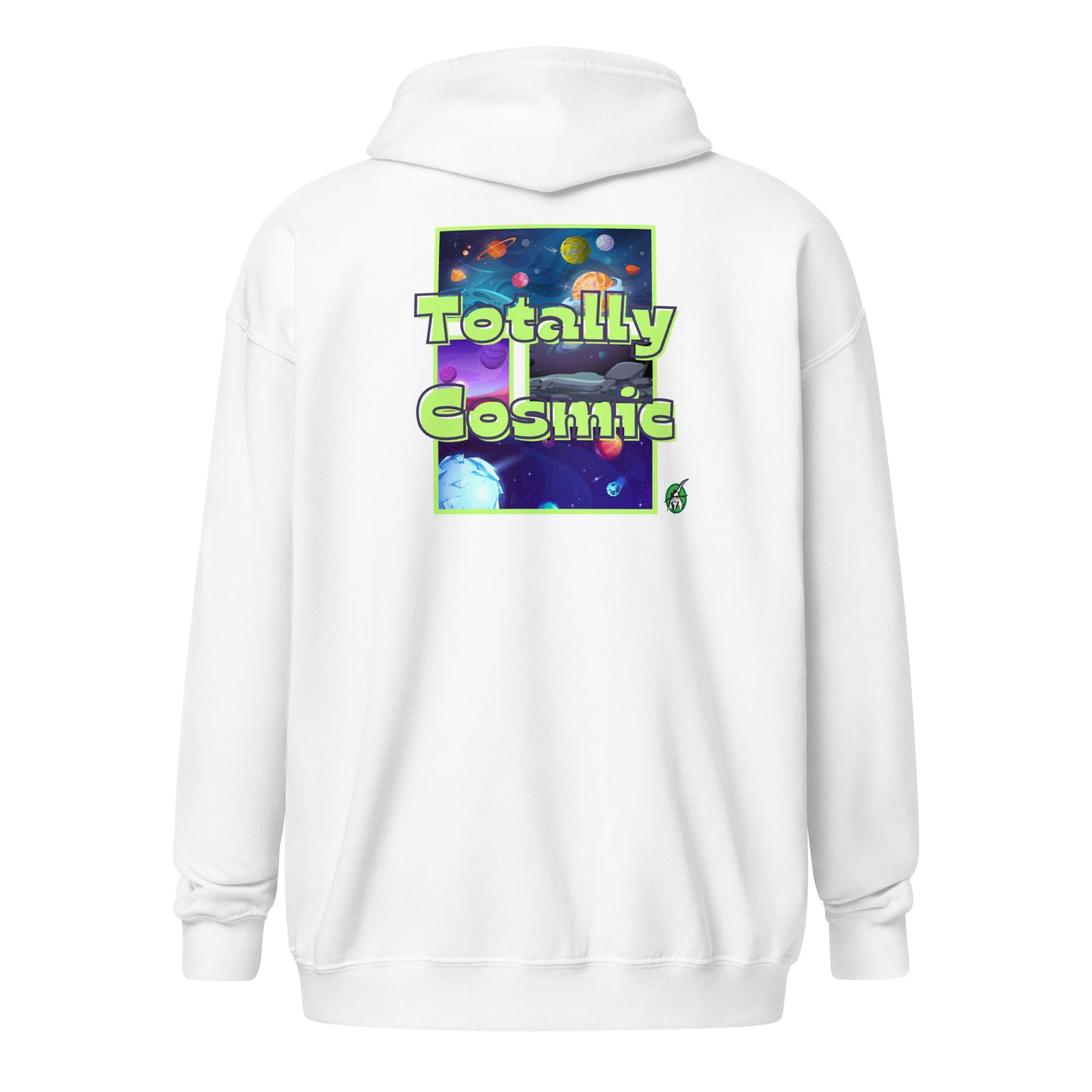 Women's white zip through hoodie with a graphic on the back of the cosmos and the words Totally Cosmic, by Wizard Prints