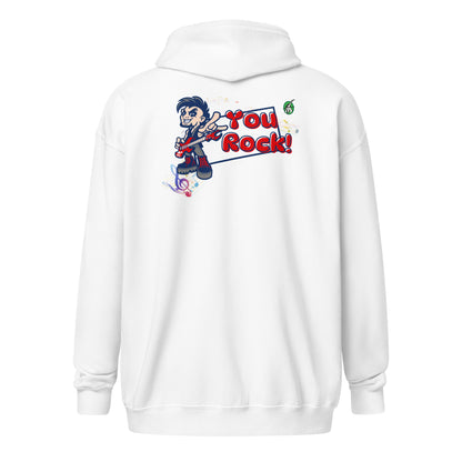 Women's white zip through hoodie with a graphic on the back of the a dude playing guitar saying 'You Rock!' by Wizard Prints