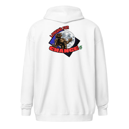 Women's white zip through hoodie with a graphic on the back of a werewolf growling at the moon with the words, 'longing for change' by Wizard Prints