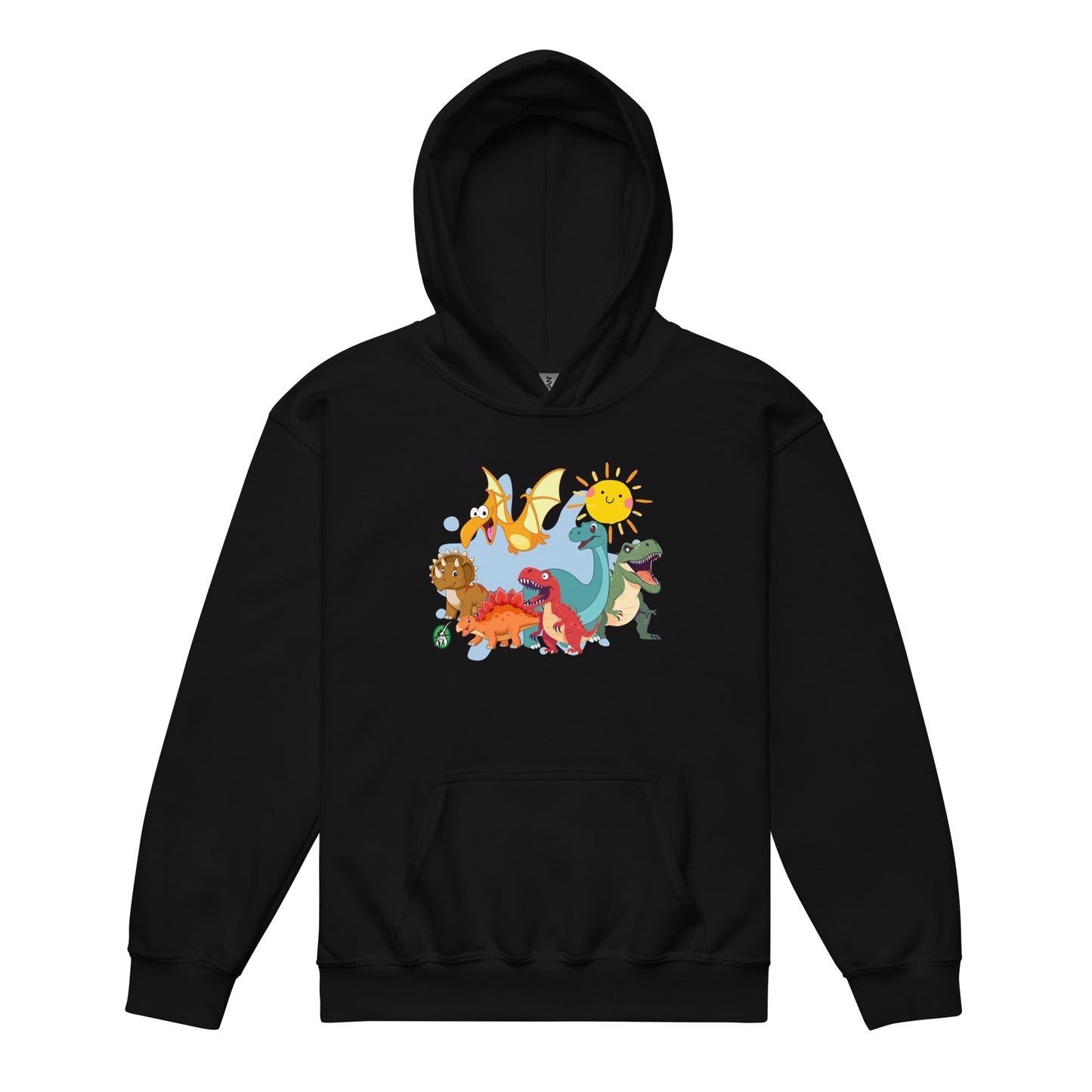 A Wizard Prints kids hoodie in black with a printed graphic on the front of a group of cartoon dinosaurs
