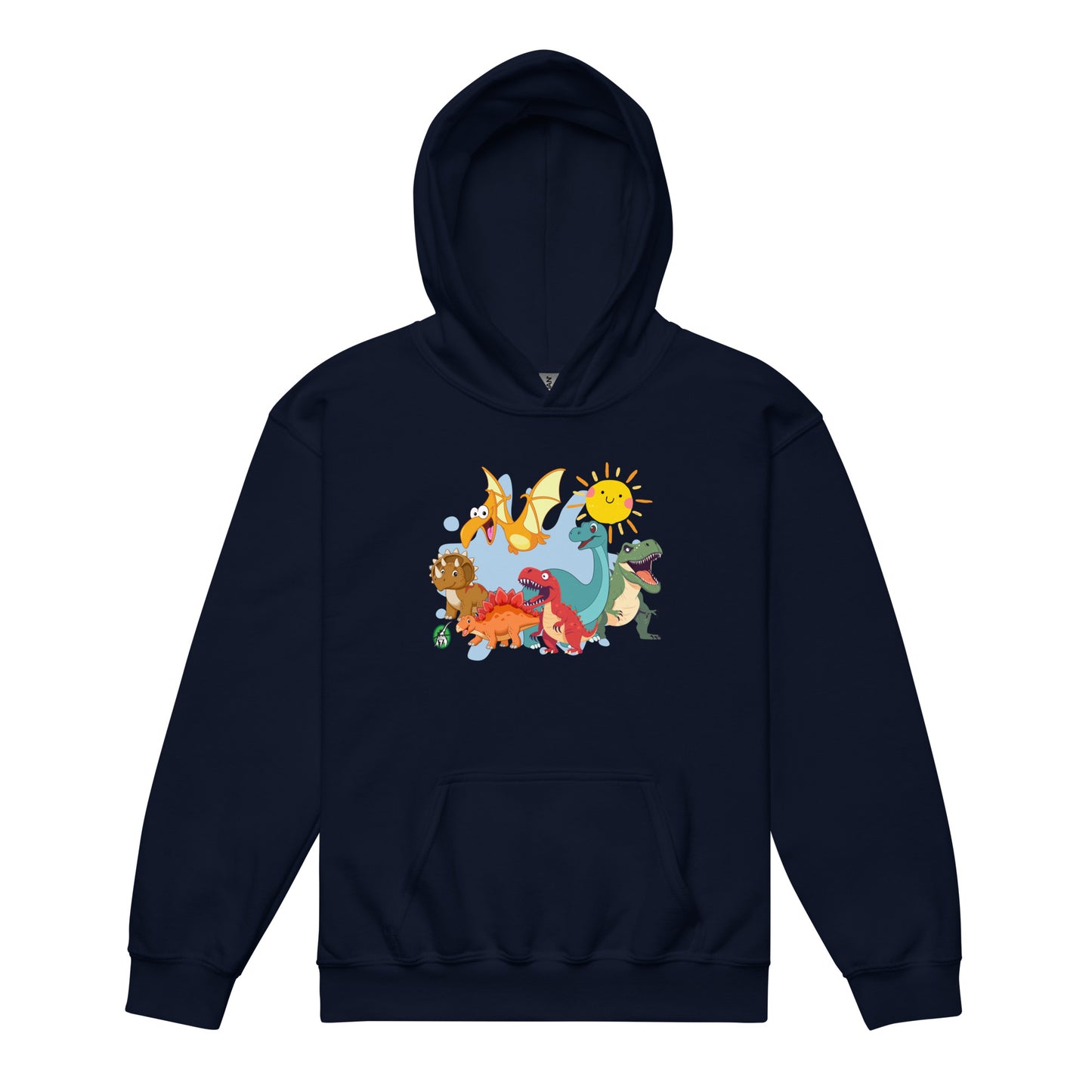 A Wizard Prints kids hoodie in navy with a printed graphic on the front of a group of cartoon dinosaurs
