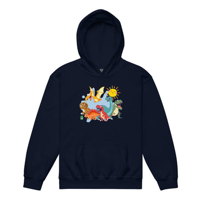 A Wizard Prints kids hoodie in navy with a printed graphic on the front of a group of cartoon dinosaurs
